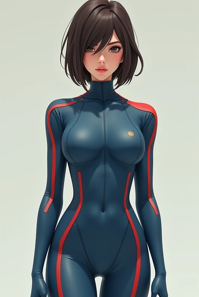 Young woman with short, straight brown hair in a mullet style, slim and small breasts, long sleeves and a high collar、blue rubber with red side lines throughout the suit, From the feet to the sleeves、Runs from the collarbone to the chest, red
