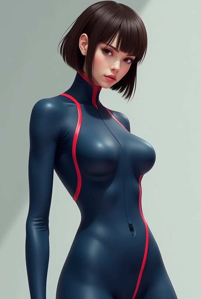 Young woman with short, straight brown hair in a mullet style, slim and small breasts, long sleeves and a high collar、blue rubber with red side lines throughout the suit, From the feet to the sleeves、Runs from the collarbone to the chest, red