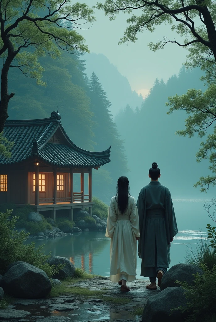 A realistic scene from ancient China, Tang Dynasty. A young woman in white with a tired face walks behind a handsome young man in dark grey. The two of them stop in front of a cottage in the woods by a lake. The atmosphere is dim, with just enough moonlight to see.(จีนโบราณ, เช้าฤดูใบไม้ผลิกับแสงแดดอ่อนๆ, ที่เชิงเขา มีลำธาร, ชายหญิงสวมชุดฮั่นฟูแ้้ากอดกันแก้ผ้าออกหมด ยืนจูบกันริมธาร,ผู้หญิงที่ยืนแก้ผ้าออกหมด