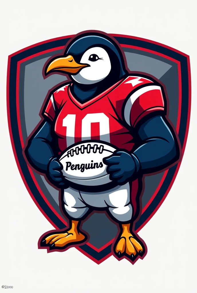A shield of a penguin in a flag football uniform and holding an American football that says “Penguins”