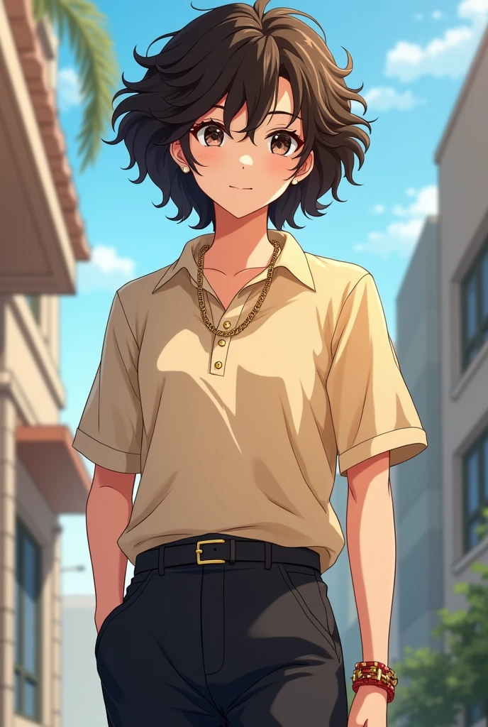 Create an anime character he has curly hair with a beige polo shirt and a chain around his neck and black pants and has 