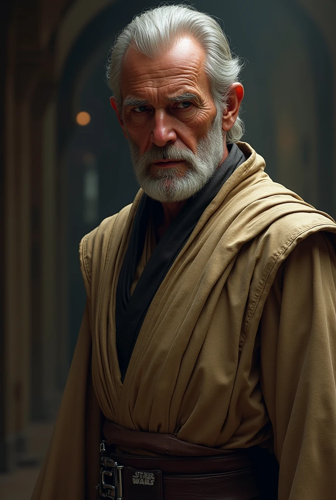 a highly detailed portrait of a jedi master from star wars, in the style of mark demsteader, cinematic lighting, dramatic pose, beautifully rendered face with piercing eyes, intricate robes and armor, moody atmosphere, warm color palette, rich textures, photorealistic, masterpiece, 8k