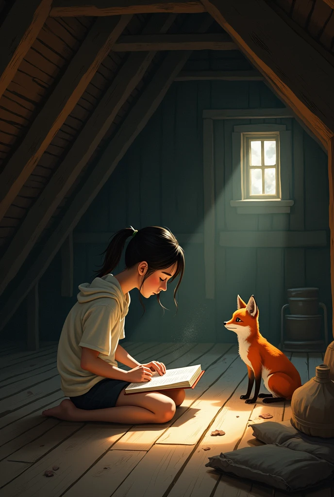 A teenage girl kneeling holding a book in an attic being watched by a fox