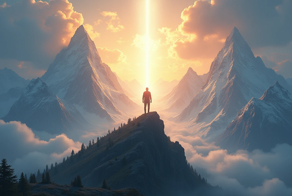 Illustrate a majestic mountain scene with a person standing on a peak, looking toward the heavens. Their face shines with a radiant light as the clouds part, revealing the brilliance of God’s glory, symbolizing their unshakeable faith.