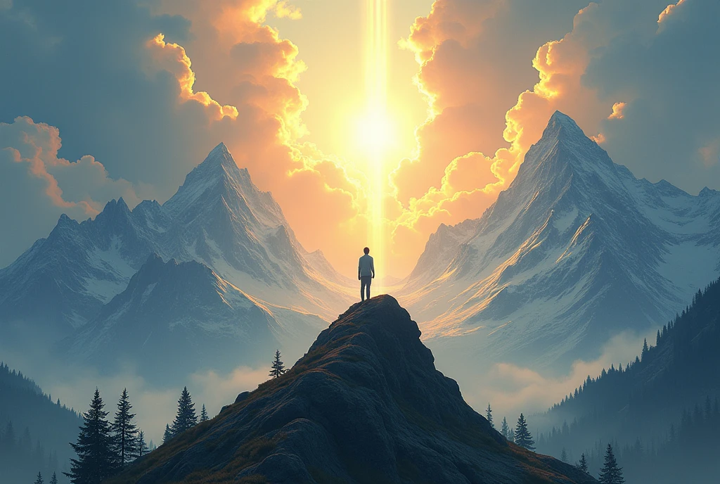 Illustrate a majestic mountain scene with a person standing on a peak, looking toward the heavens. Their face shines with a radiant light as the clouds part, revealing the brilliance of God’s glory, symbolizing their unshakeable faith.
