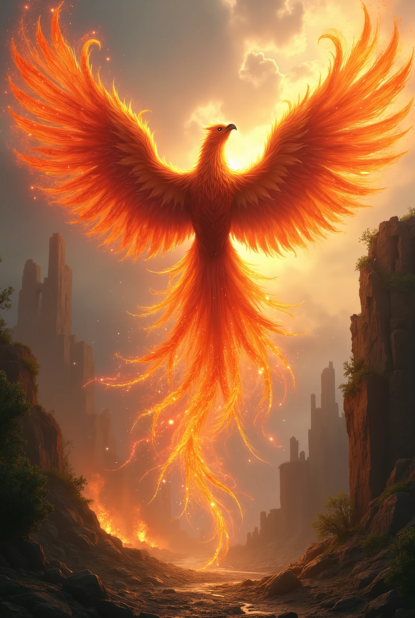 A majestic phoenix soaring above the ruins of an ancient city, its vibrant feathers glowing in shades of red and orange as its intense flames trail behind, creating a breathtaking display of fire and light. In the style of fantasy art.