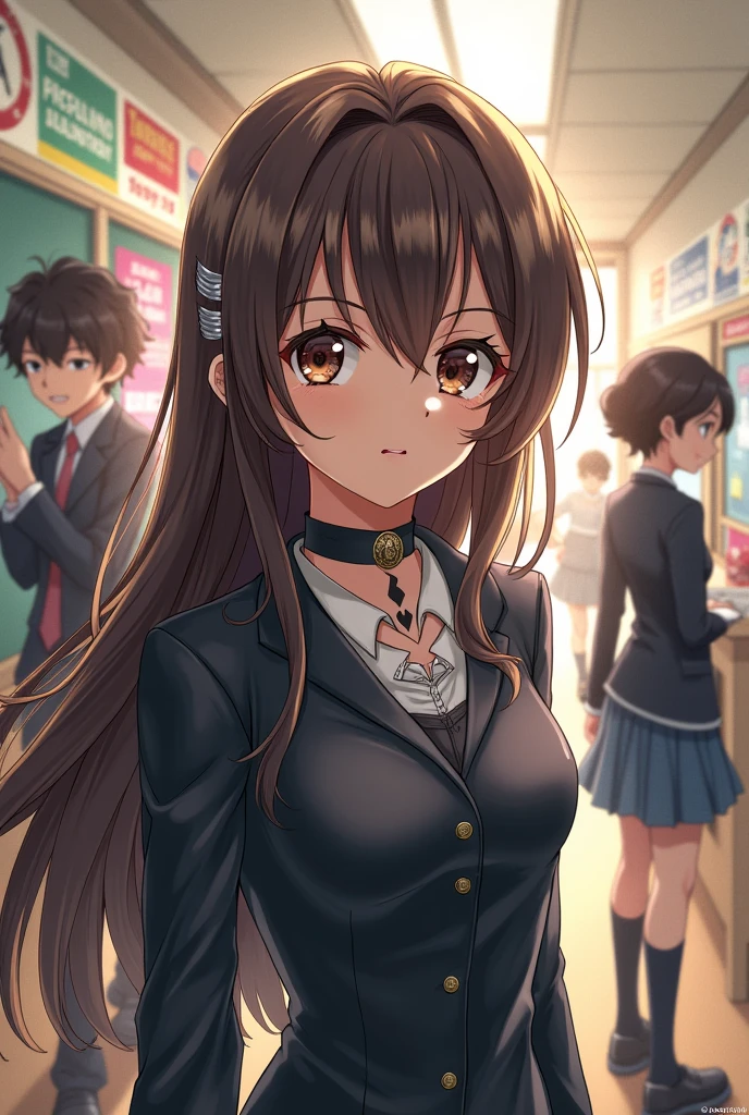 Girl with brown hair and long gray locks with stripe tattoo on her neck in class 1A of Boku no Hero Academia with deku and bakugo