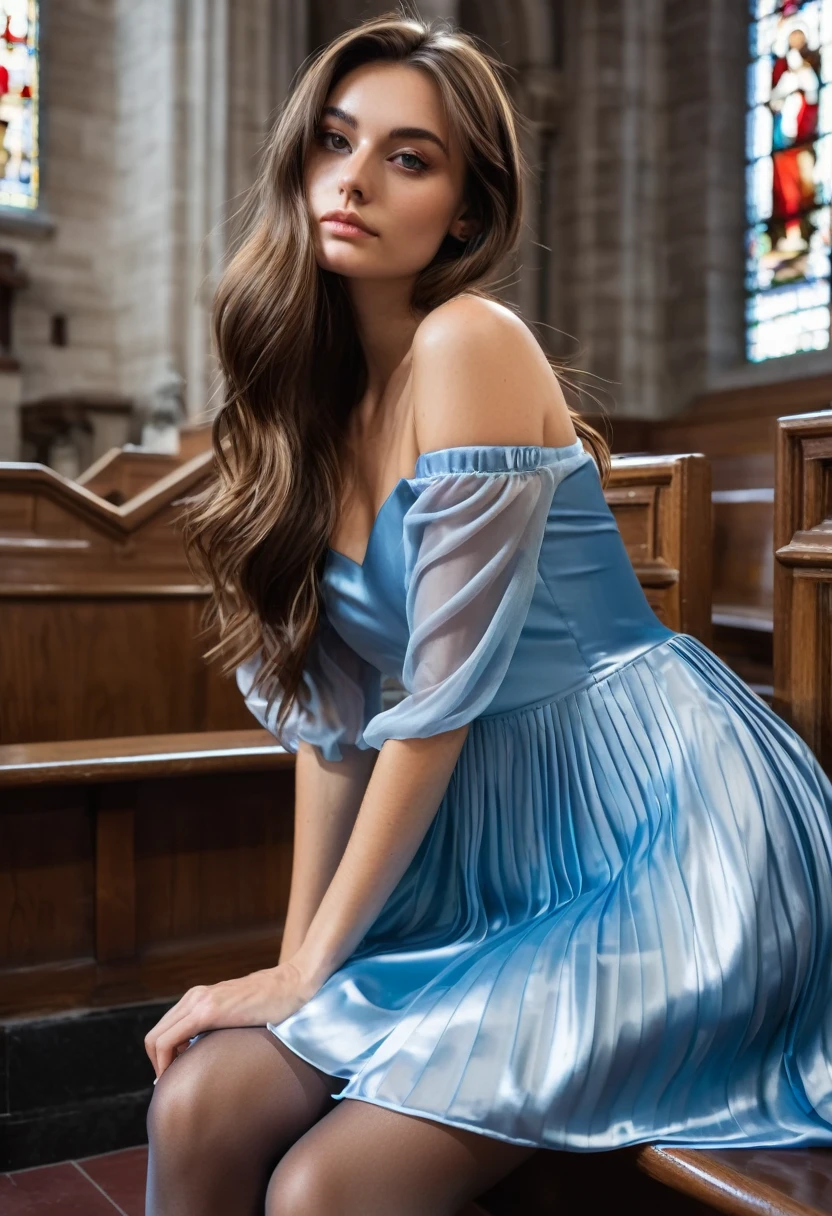 young brunette woman, beautiful eyes. long brown hair. Short pleated dress in shiny light blue satin, Tights, 项链, transparent lip gloss, narrow building, Pretty, 2, Full body photo, long legs, Satin top, Sitting in a church and looking around, looks stunning. is enthusiastic