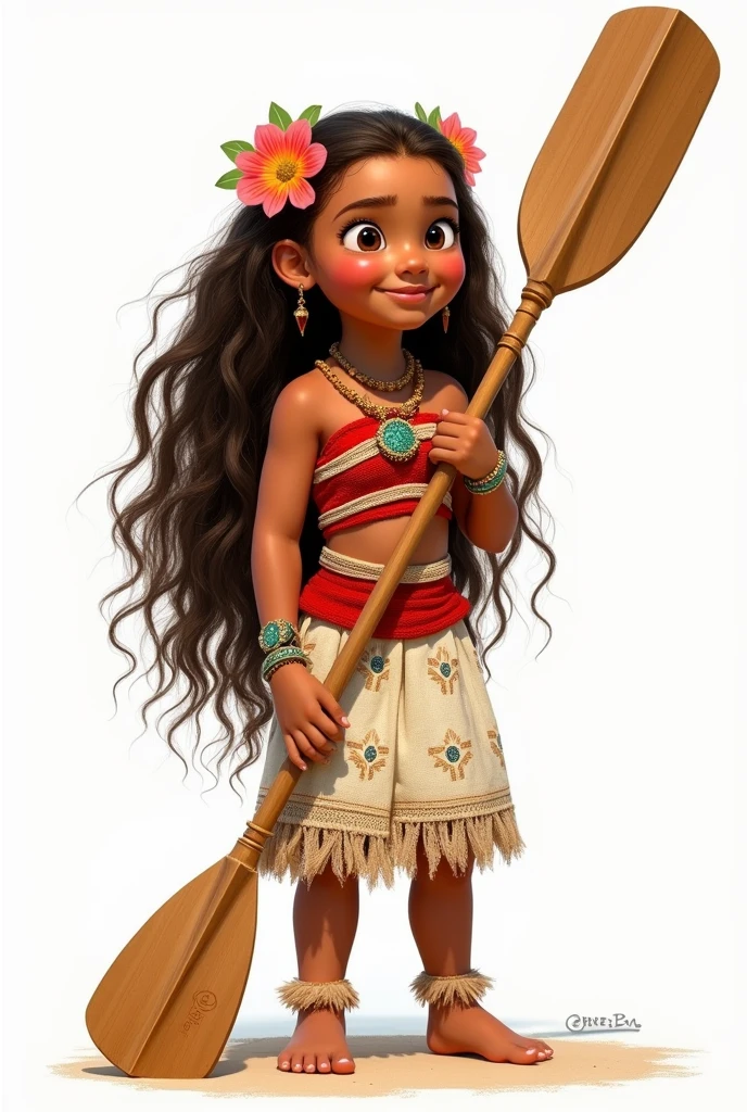 child inspiration moana drawing pixar scrap camaDA white background full body long brown hair with flowers on head holding oar