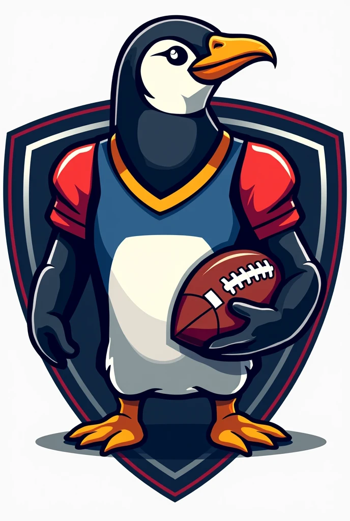 A shield of a penguin in a flag football uniform and holding an American football that says “Penguins”