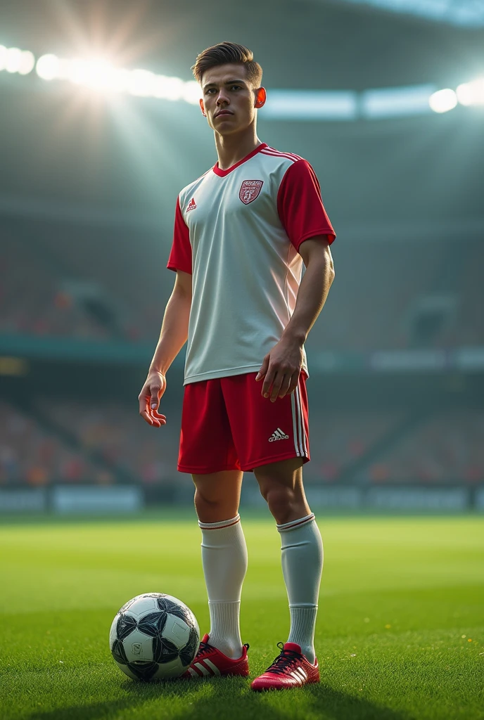 A young footballer 
.He has beautiful white socks and beautiful black and red football boots

