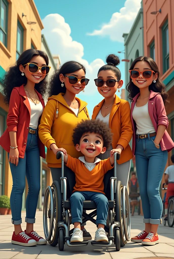 Blind indigenous people wearing sunglasses, wheelchair user, Down's syndrome