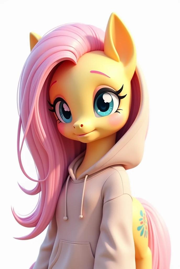 , White Background, Brown Hair, Beautiful Face, Wearing a hoodie, (Highly detailed CG Unity 8k wallpaper), (Highest quality), (Best illustrations), (Best Shadow), Fluttershy,、Embarrassed