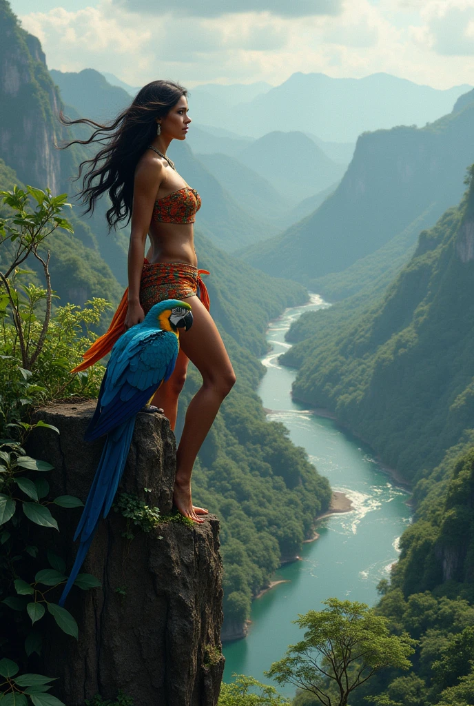 A beautiful Brazilian Indian, indigenous to the Americas and not African, characterized according to a real culture with a very cute face and an athletic body with a blue macaw on a very high peak in the Amazon rainforest from where you can see the river and waterfalls, but the river must run on a plain