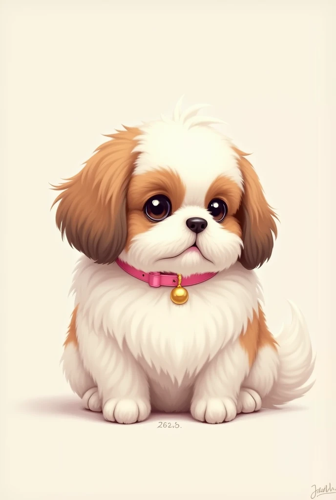 Chubby white shihtzu dog with long hair and pink collar