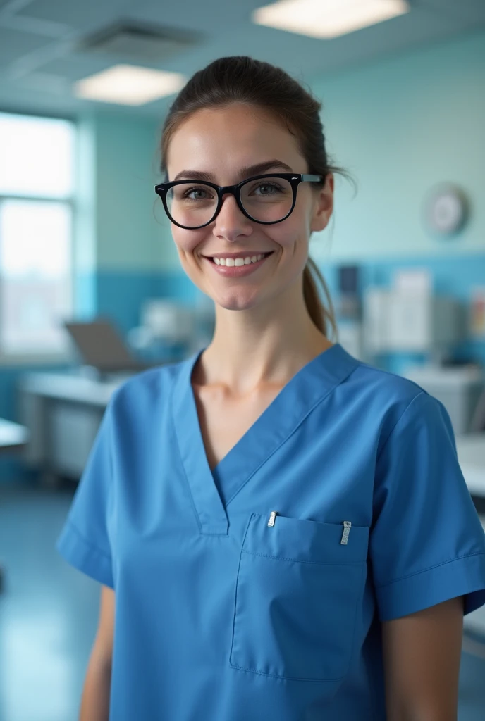 Nurse with small black glasses ,India ,with her hair up and a blue uniform ,in a hospital