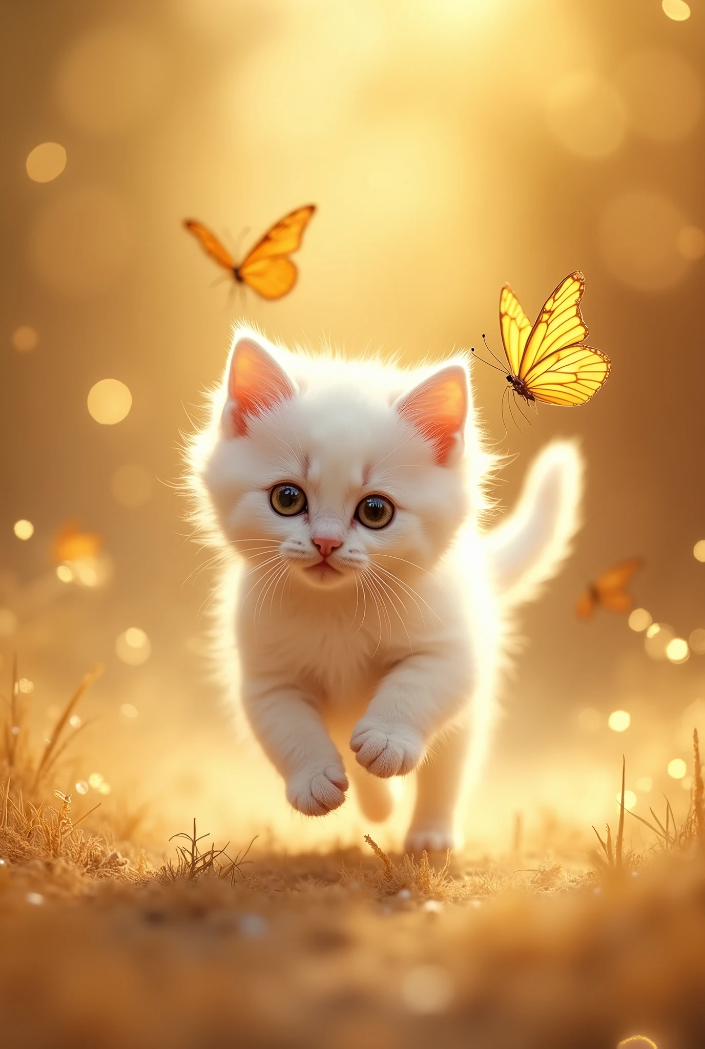 A cute white kitten chasing butterflies, with a glowing golden background, in a fantasy style with a magical light effect. The details are exquisite, creating a dreamy picture style. This would make a beautiful pet wallpaper design, with the kitten bathed in beautiful lighting and a sparkling golden butterfly flying in the air. The warm colors and high resolution give this image a high definition quality.