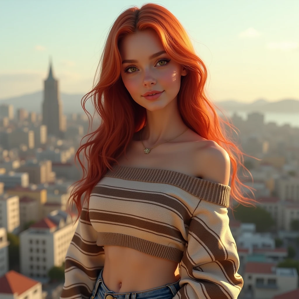 ((HD photo))), ultra high res.photorealistic:. 1.4, UHD, masterpiece, trending on artstation, portrait, upper body shot, 1girl, pretty, cute face, ((detailed face, detailed eyeost beautiful in the world, soft, delicate, (long red hair), large sagging breasts, slim waist, (wearing breton stripe jumper, jeans, hires textures, intricate details), sunkissed, San Francisco city
