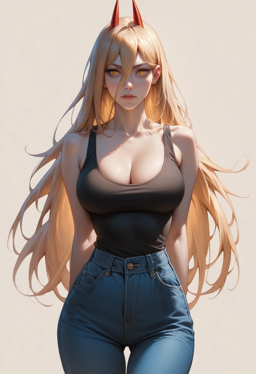 beautiful japanese girl, Power, straight red horns, chainsaw man, blonde hair, yellow eyes, wearing black tank top with Power written on it, blue jeans,arms behind back, giving yakuza vibes, realistic, intricate details, hard colors, big breasts, cleavage,