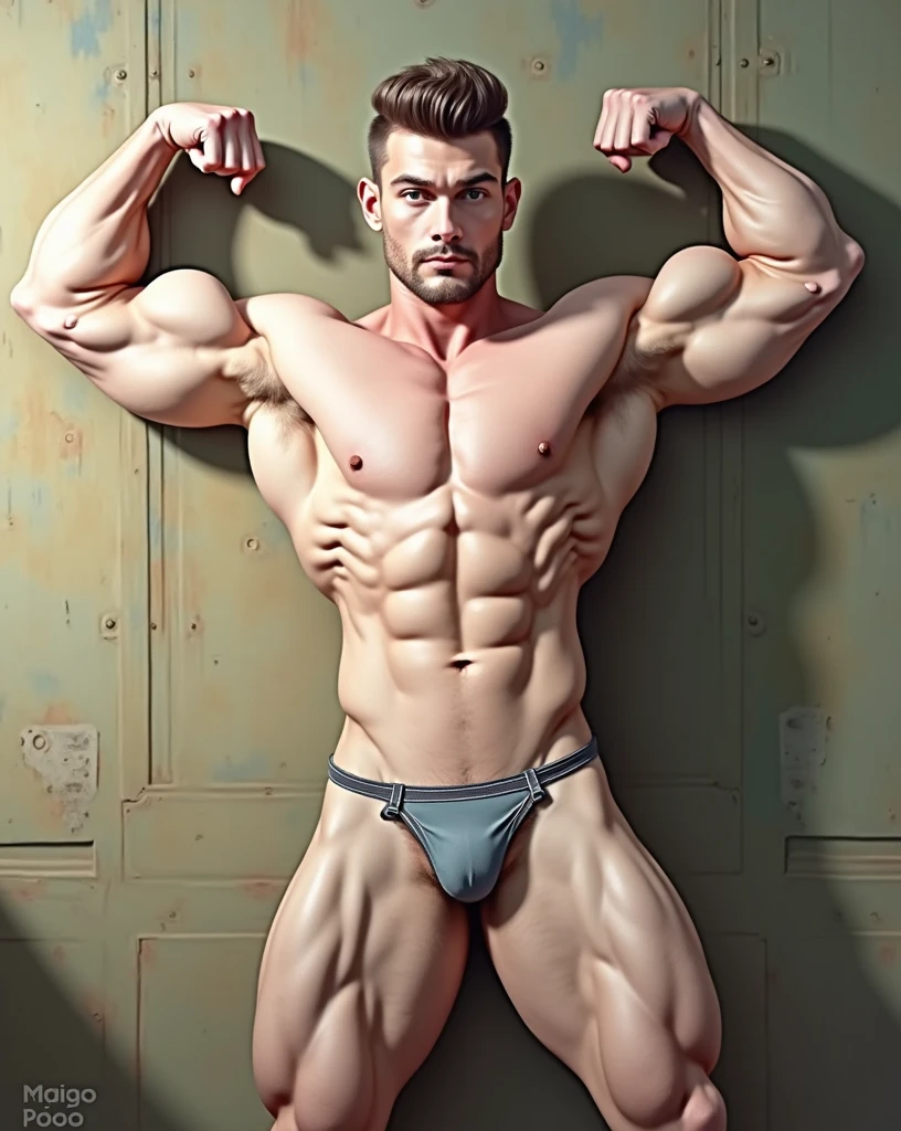 muscular man, flexing muscular body, wearing thong, best quality, 8K, masterpiece, first quality, natural lighting, beautiful, sexy, correct anatomy , good composition, realistic shapes, realistic skin tones, natural eyes, realistic eyes, look at viewer, VPL, realistic muscles, realistic), Realistic arms and legs, Realistic face, Realistic hair, Make a sexy and seductive face, Clear focus : 1.2, Perfect manly body: 1.4, Slim abs: 1.2, Very detailed skin and face texture, detailed eyes. Eyelids double, large. upper lip, focused man, amazing composition, looking forward, hdr, volumetric lighting, ultra quality, stylish, post an erotic photo shoot, realistic pose, detailed hair, photo-realistic art