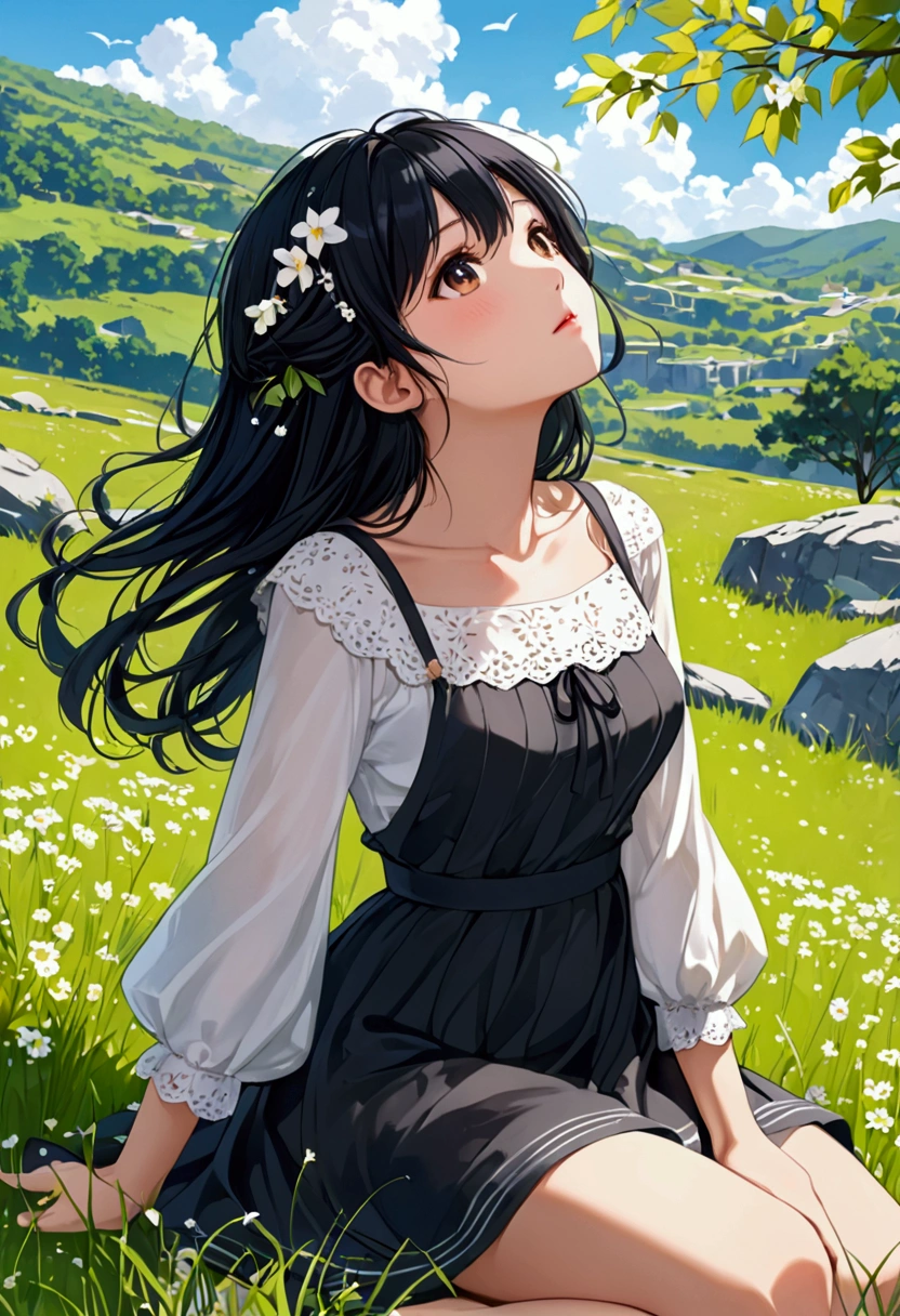 August Plateau,A cool-looking girl sitting and looking up,Beautiful black hair fluttering in the fresh breeze,Super beautiful girl,Nice body