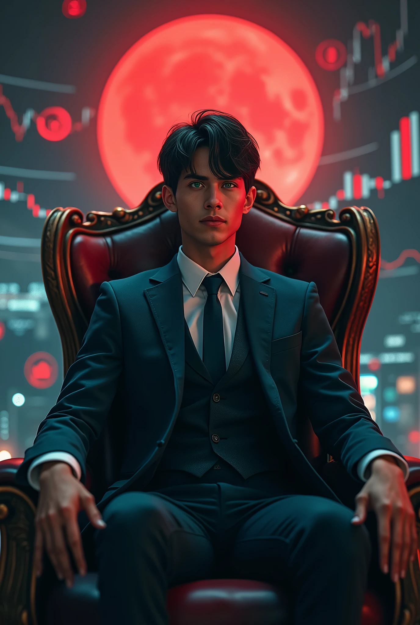 high détail, Clarity, 10 kkk, Throne of graph, young investor, Suit, dark straight hair, shorth hair, greeneyes, with red moon behind, stock market charts, 真实感, 4K