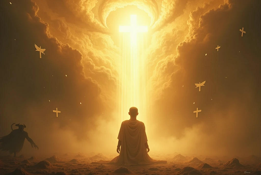 Ethereal scene of a humble human figure kneeling in submission before a radiant, abstract representation of God. Divine light cascades from above, enveloping the figure in a warm, golden glow. In stark contrast, a dark, shadowy form of the devil lurks at the edge of the frame, recoiling and fleeing from the light. Celestial atmosphere, wispy clouds, and floating symbols of faith surround the central figures. Hyper-detailed, dramatic lighting, chiaroscuro effect, digital painting style with photorealistic elements, inspired by Rembrandt and Greg Olsen.