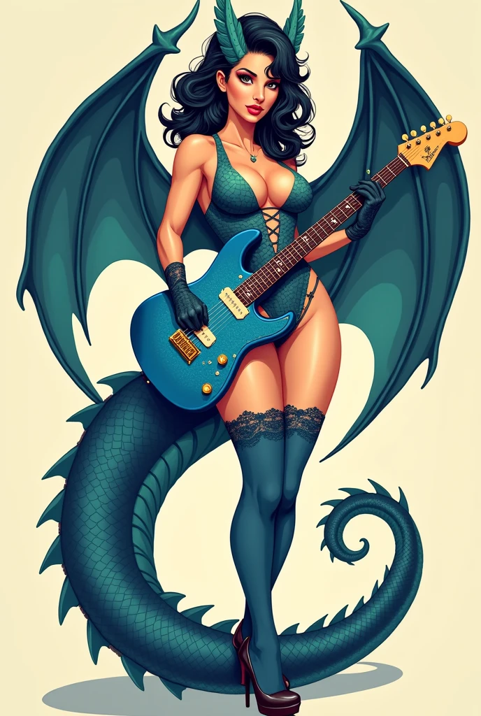 flat vector of a sexy busty dragon girl (2), (perfect face, perfect body, perfect breast, perfect eyes). She has large wings and a thin tail. She is wearing a laced body suit, gloves and (stockings), covered in blue dragonscales. She is holding a blue sparkly fender stratocaster with a (maple fretboard). (((((pin-up style))))), (((full-body shot))). She wears high heels.