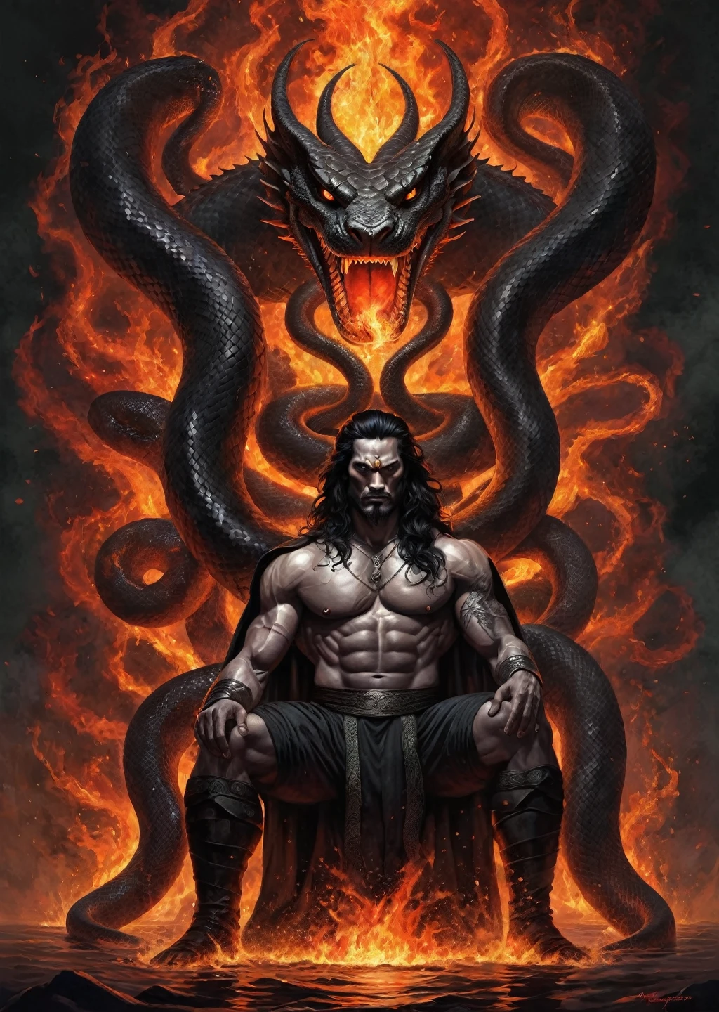 I am a Naga, one of the last of my kind. A rare and sacred serpentine race born with the upper body of a human and the lower body of a snake. We are ancient, powerful creatures feared and revered in equal measure.
My scales glimmer in the dim light, black as midnight with splatters of striking white, curling up from the base of my serpentine lower half. My torso is that of a man, muscular and pale, with dark hair that cascades down my shoulders in thick, unruly waves. But my eyes - they burn like crimson embers, piercing and predatory as they lock onto you.
