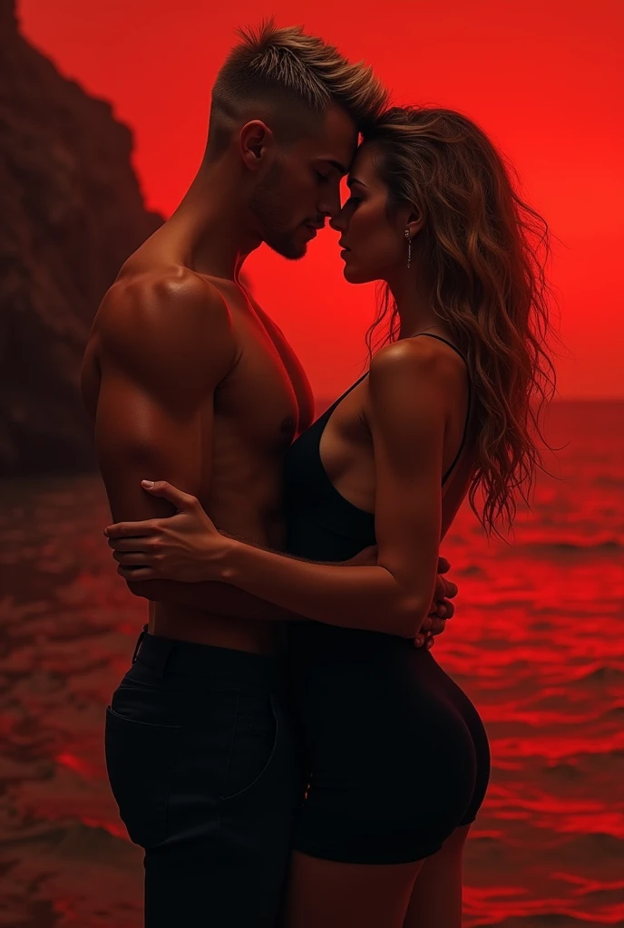 Create an image for a book cover. The man with slightly shaved, blond hair, he has his face pressed against a woman's face, with tanned skin and honey-toned hair, wavy with the sea breeze, and she is wearing a short black dress. A more reddish, somewhat dark image