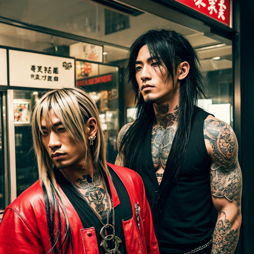 1 man, Japanese man, male, Asian eyes, muscular, broad shoulders, yakuza tattoos, hairstyle Visual Kei style, hair Visual Kei, black men's shirt and black pants, ultra detailed face, hyperrealistic, realistic representation, long hair, long hair, 30 years old, age 30 years, blonde hair, full body view