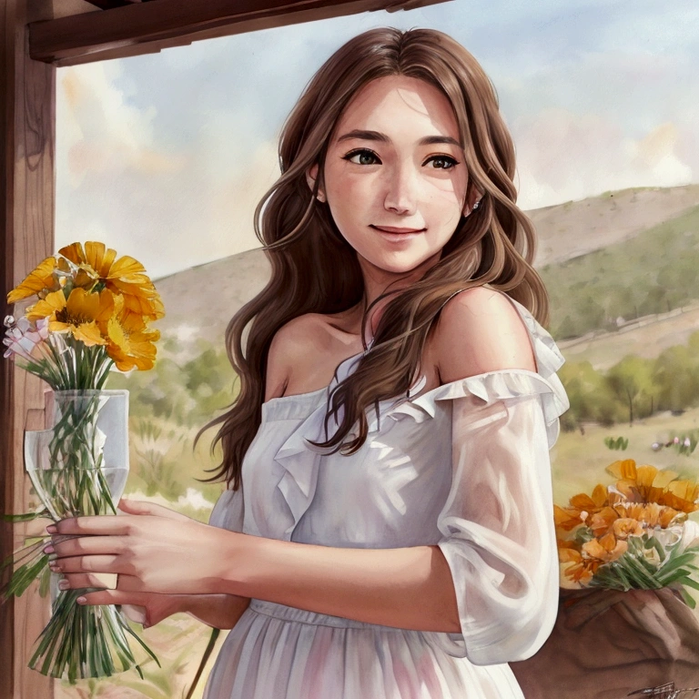 beautiful and delicate contemporary western woman in light flowing dress and shoulder length brown wavy hair, holding a bouquet of colorful wildflowers that cover the lower part of her face. Your brown eyes seem to smile. The background is a flowery pergola, Sunnyday