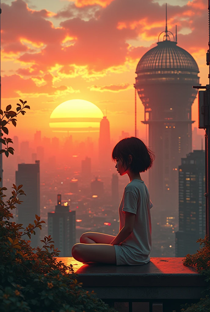 best quality, masterpiece, extremely detailed, detailed background, anime, 1girl, young girl, short girl, retro, city lansdscape, outdoors, sunset, beautiful sky, greenhouse, megastructure, bio-dome, landscape, scenery, horizon, rooftop, sitting on rooftop, wind, looking away, atmospheric lighting, solo focus, close up, from side, depth of field, bokeh