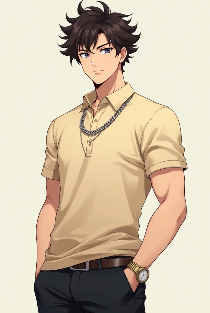 Create an anime character he has curly hair with a beige polo shirt and a chain around his neck and black pants and has Masc