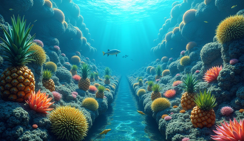 a beautiful intricate illustration of a sea pineapple farm, extremely detailed sea pineapples, close-up detailed shots of sea pineapples, detailed shots of sea pineapple harvesting and processing, stunning aerial view of a sea pineapple farm, vibrant colors, dramatic lighting, cinematic composition, highly detailed, hyperrealistic, 8k, photorealistic, masterpiece