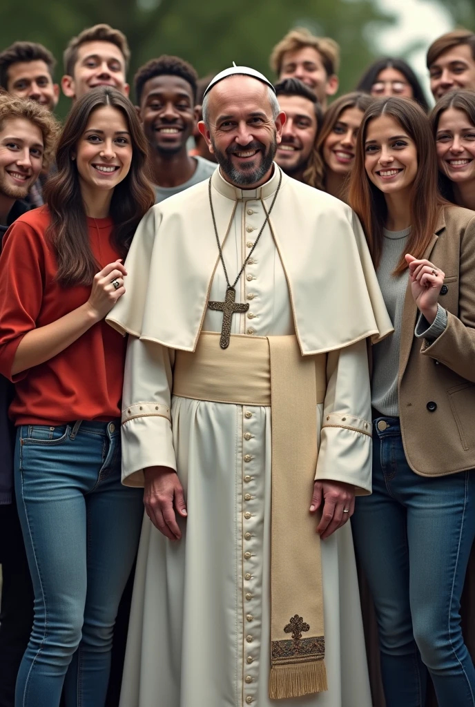 jesus, el papa y jovenes con jeans en un selfie