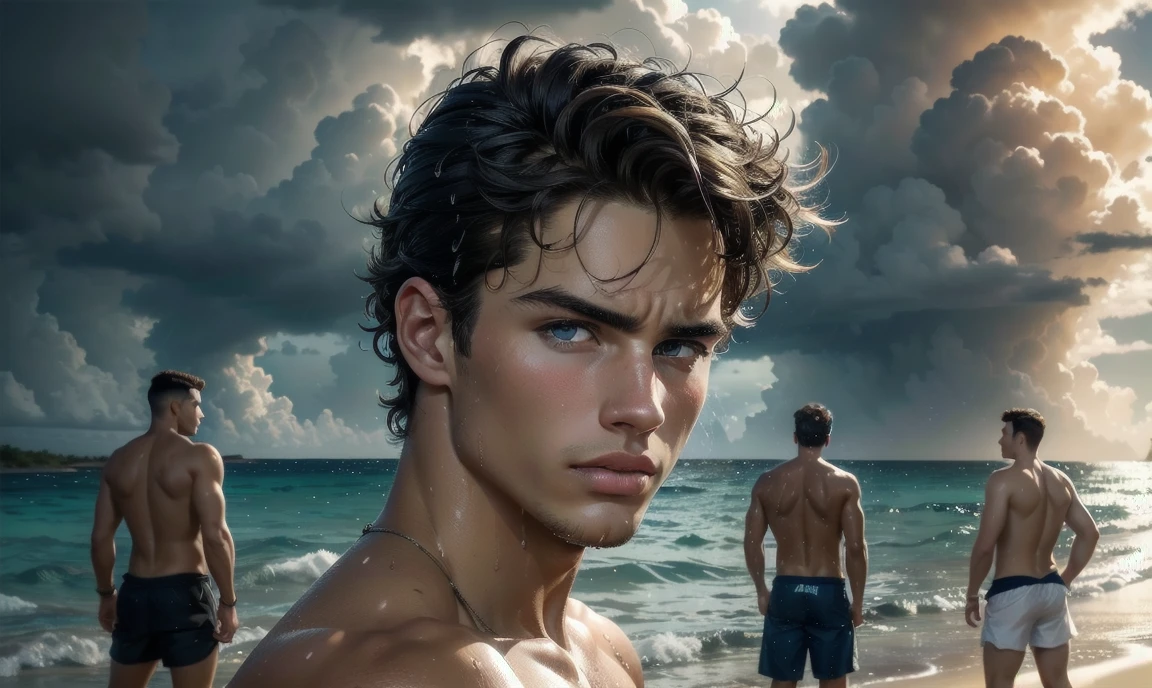[((highly detailed, detailed eyes, detailed face, clear and realistic facial features, photorealistic, realistic light, cinematic)), ((((group of 3 men, each man looks unique, each man has a different natural hair color)))), (((group of sexy male college-age jocks standing on the beach and looking angry or frustrated))), ((wearing weathered casual clothes)), ((wet)), ((beautiful deserted tropical island with a storm in background))]