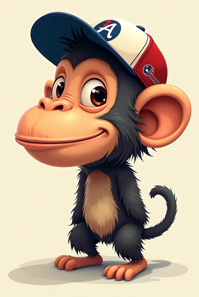 A big-nosed monkey wearing a backwards cap