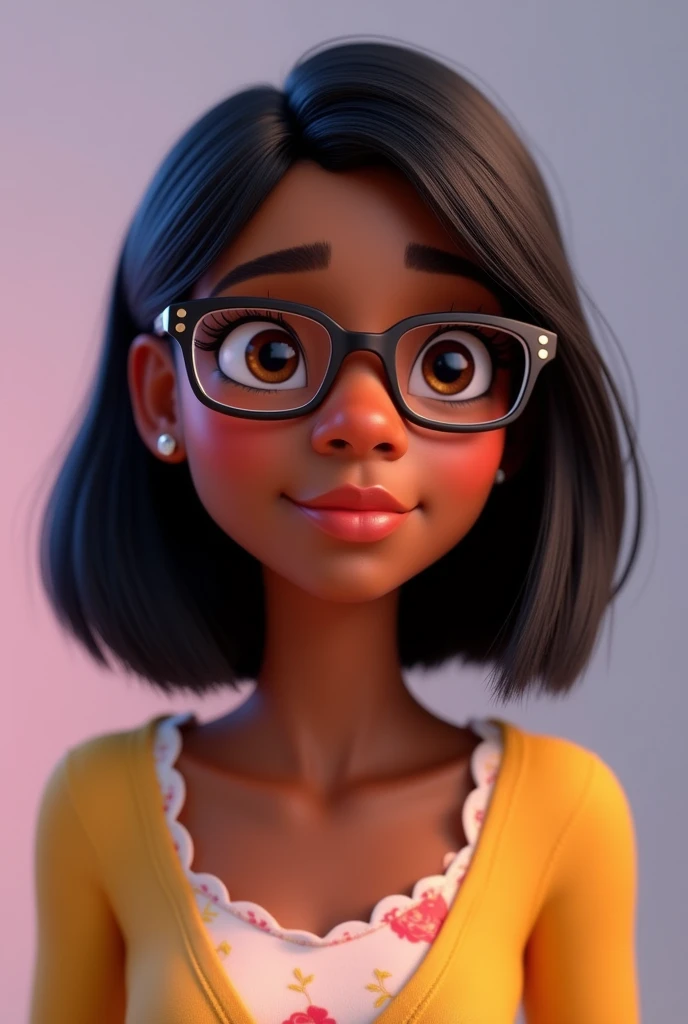 Pixar style image with square glasses, 3D character full lips with small brown eyes, Black skin woman , straight, shoulder-length hair , Disney makeup