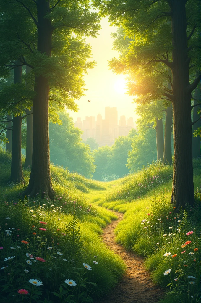 Beautiful sunshine in open green forest near the city