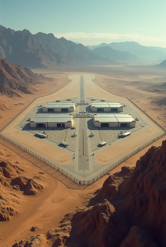 A detailed aerial view of Area 51, a top-secret military base located in the Nevada desert. The scene includes a vast expanse of barren desert landscape, surrounded by rugged mountains. In the middle of the desert, there is a highly secure compound with multiple large hangars, radar towers, and a long runway. Some hangars have their doors slightly ajar, hinting at hidden aircraft. The entire area is surrounded by a high-security fence with warning signs. The sky above is clear, but there’s an eerie, almost otherworldly atmosphere, with faint, mysterious lights visible near the horizon.