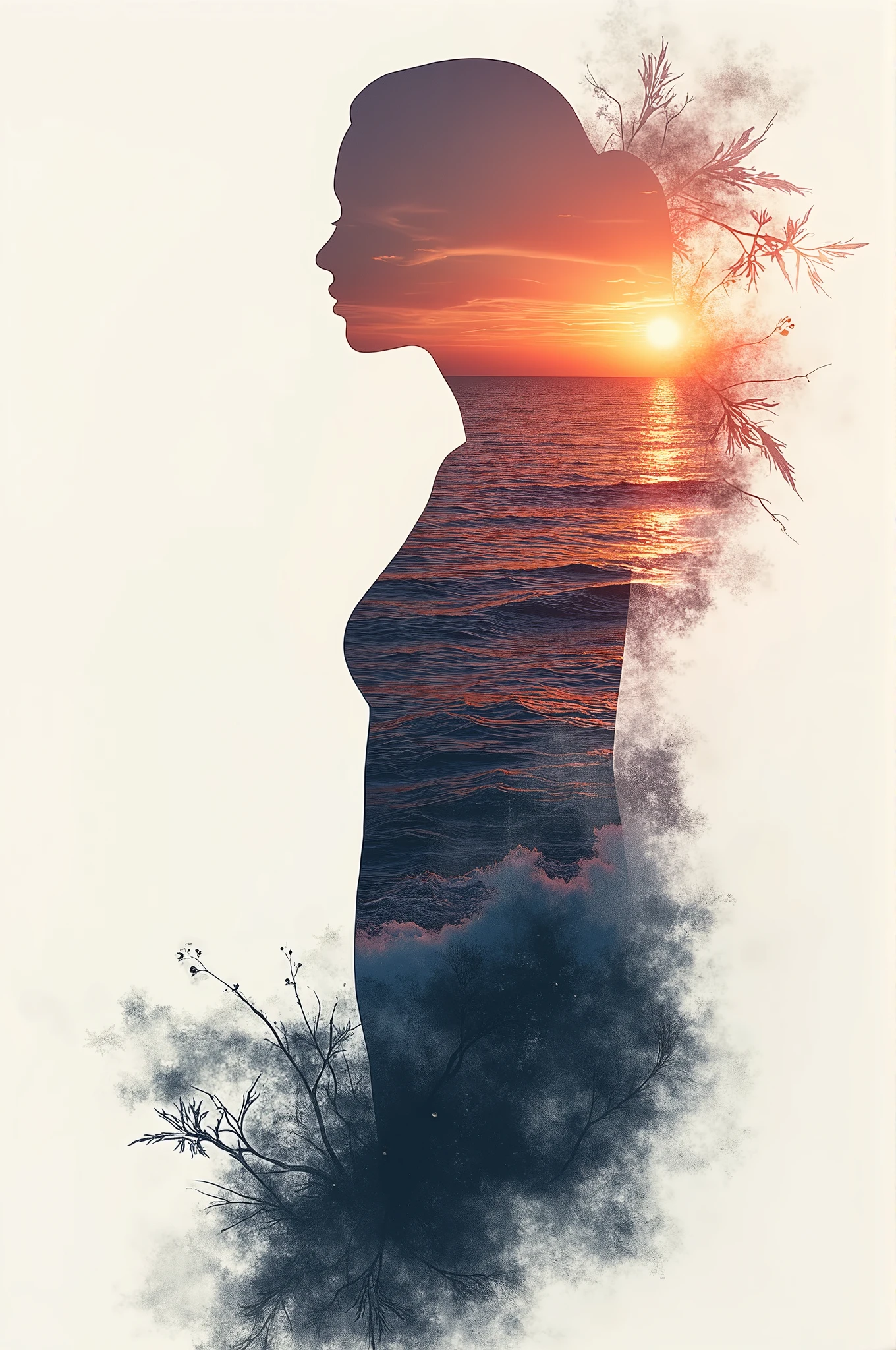 high quality, 8K Ultra HD, A beautiful double exposure that combines an goddess silhouette with sunset coast, sunset coast should serve as the underlying backdrop, with its details incorporated into the goddess , crisp lines, The background is monochrome, sharp focus, double exposure, by yukisakura, awesome full color,