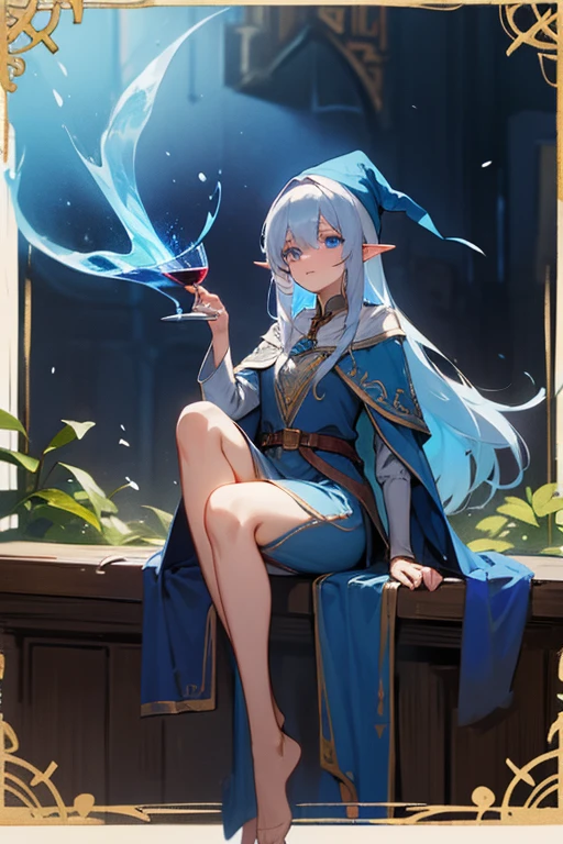 an elven woman, long hair down to the feet with blue highlights, piercing and judgmental gaze, light blue eyes, sitting on a chair in a tavern, cross legs, wearing a wizard&#39;s hat,smoking a pipe releasing blue smoke, clear skin with a bright appearance