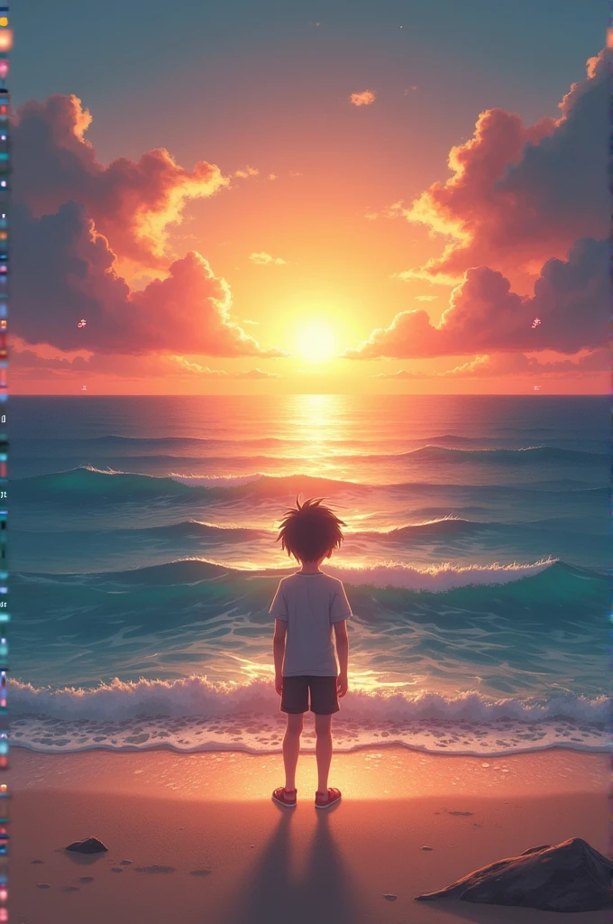 Generate a central puch hole wallpaper in 1080*2400 size in which A 18 year boy are standing on sand near sea. Sunset in sky. He was alone . Sun is on puch hole.