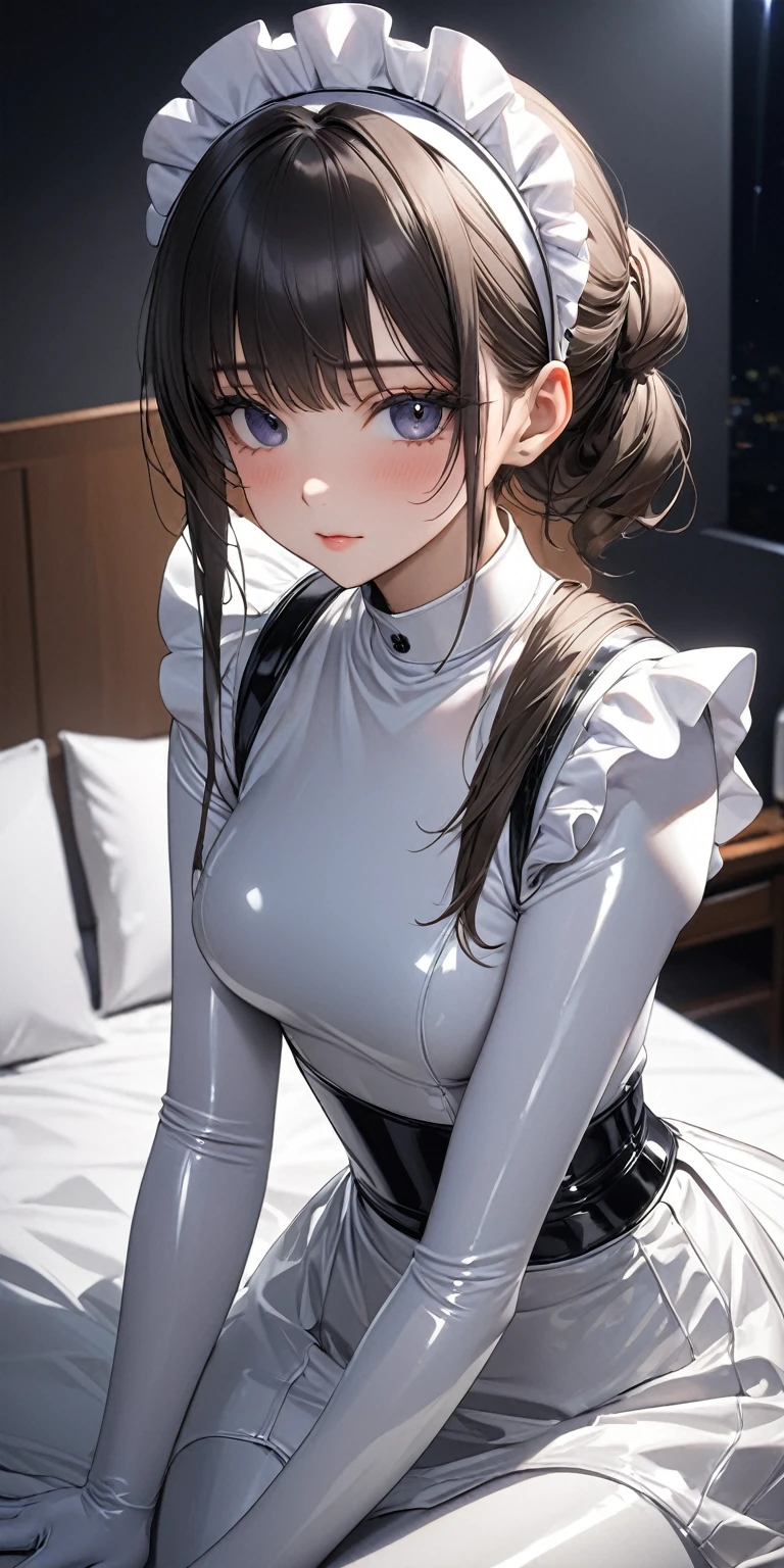 Portrait、(masterpiece,Highest quality,Ultra-high resolution),Japanese women, Maid Headband、(((A very beautiful 25 year old))),(White latex maid outfit)、(((White latex long skirt)))、(A long-sleeved white latex shirt covering the upper body)、White latex long gloves、White latex tights、Latex is very shiny、Dark room at night、Sitting on the bed