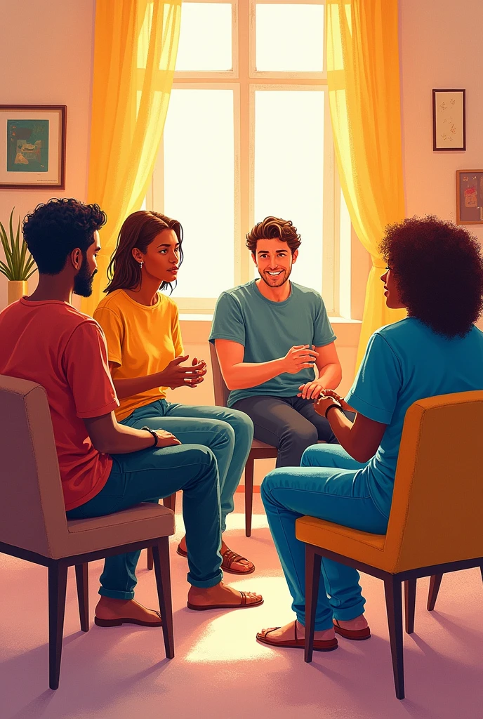 group therapy, people sittin on chairs, forming a circle, walrm colors, crayon illustration