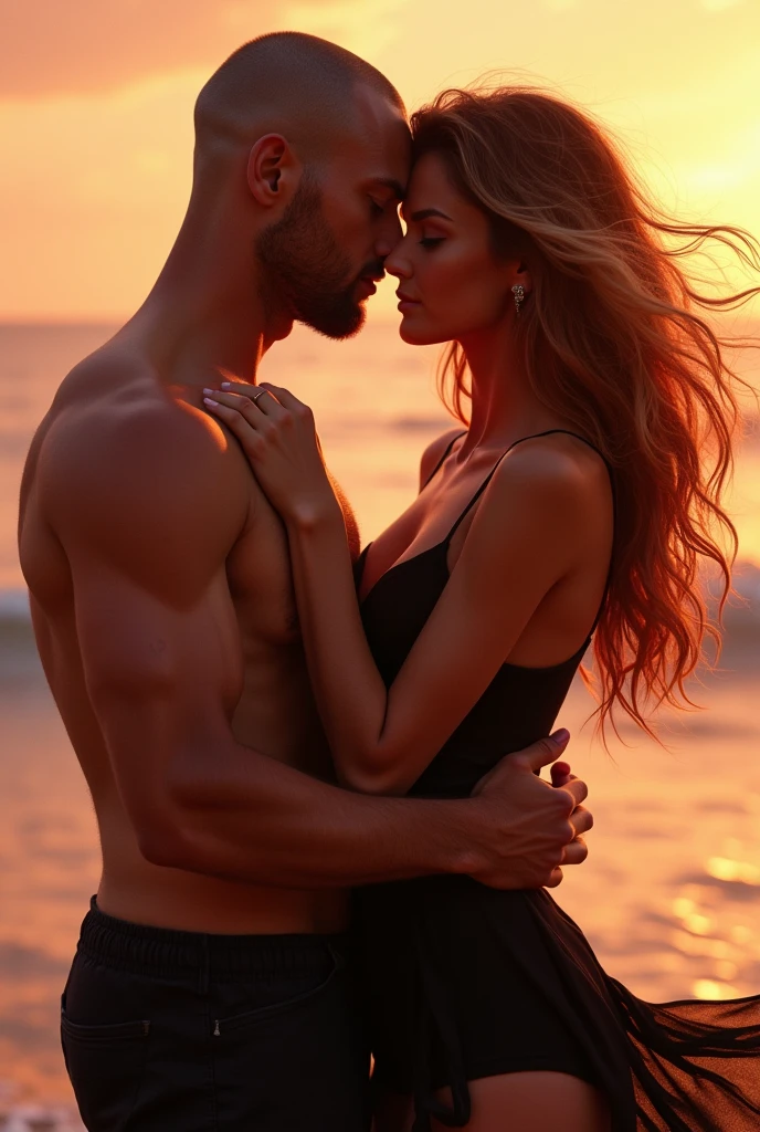 Create an image for a book cover. The man with shaved, blond hair, he has his face pressed against a woman's face, with tanned skin and honey-toned hair, wavy with the sea breeze, and she is wearing a short black dress. A more reddish, somewhat dark image