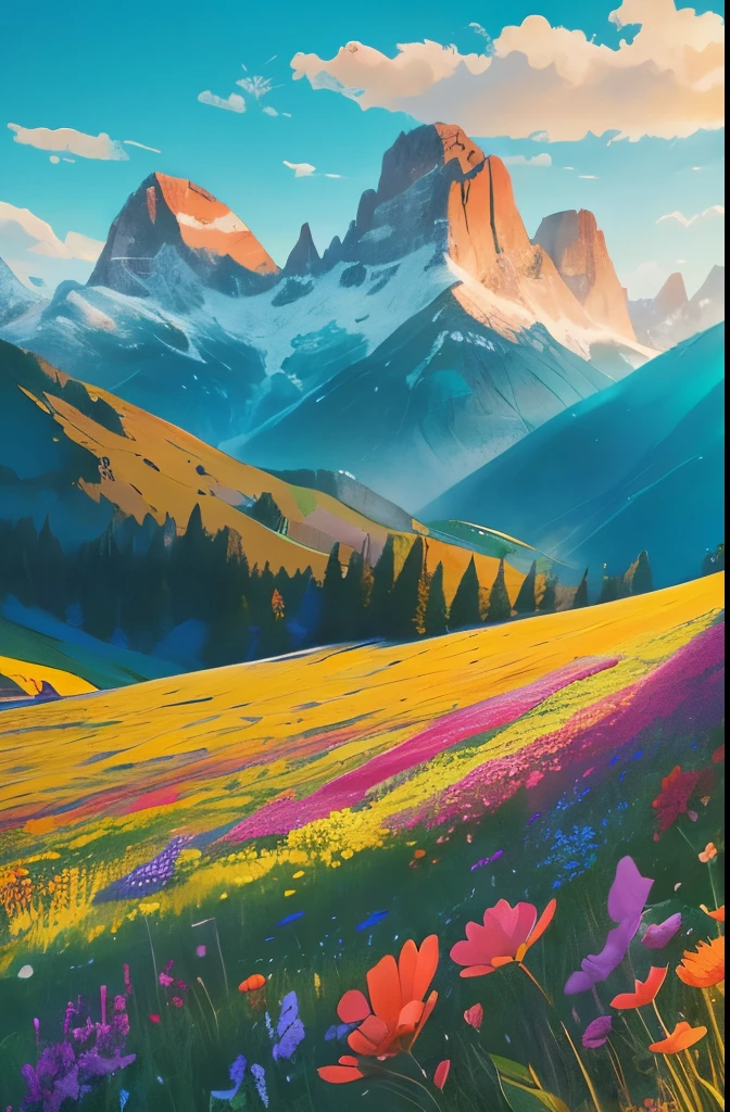 flowers in a field with mountains in the background, a digital rendering by Jim Nelson, flickr, land art, wildflowers, colorful wildflowers, field of wild flowers, field of mixed flowers, vast lush valley flowers, fields of flowers, field of flowers, an aesthetic field of flowers, southern wildflowers, wildflowers and grasses, meadows, beautiful scenery, wild flowers
