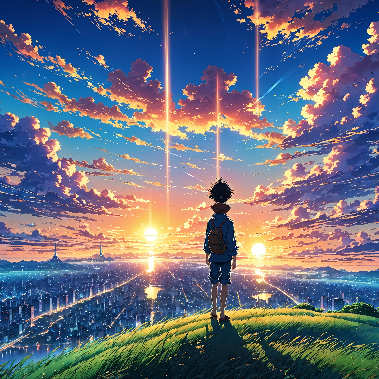 Anime landscape of The image shows a boy falling from the sky in the distance in the air, sunset, seen from afar, a beautiful colorful anime scene, seen from afar, a beautiful anime scene of peace, Makoto Shinkai Cyril Rolando, beautiful anime scene , amazing wallpaper, anime art wallpaper 8k, anime background, artistic anime background, anime wallpaper 4k, anime art wallpaper 4k, anime art 4k wallpaper,