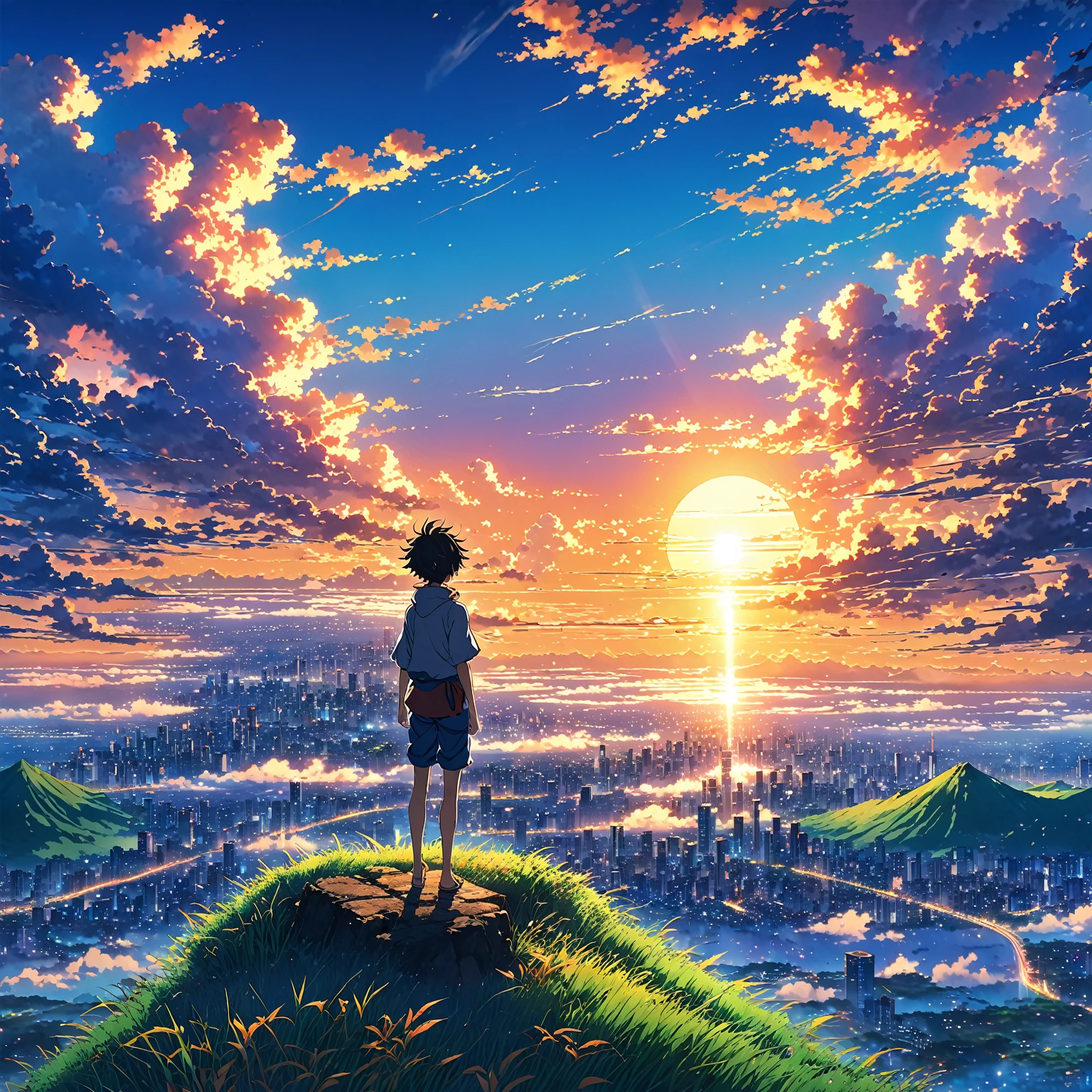 Anime landscape of The image shows a boy falling from the sky in the distance in the air, sunset, seen from afar, a beautiful colorful anime scene, seen from afar, a beautiful anime scene of peace, Makoto Shinkai Cyril Rolando, beautiful anime scene , amazing wallpaper, anime art wallpaper 8k, anime background, artistic anime background, anime wallpaper 4k, anime art wallpaper 4k, anime art 4k wallpaper,